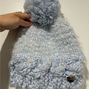 Betsey Johnson Light Blue Knit Hat with Pom-Pom